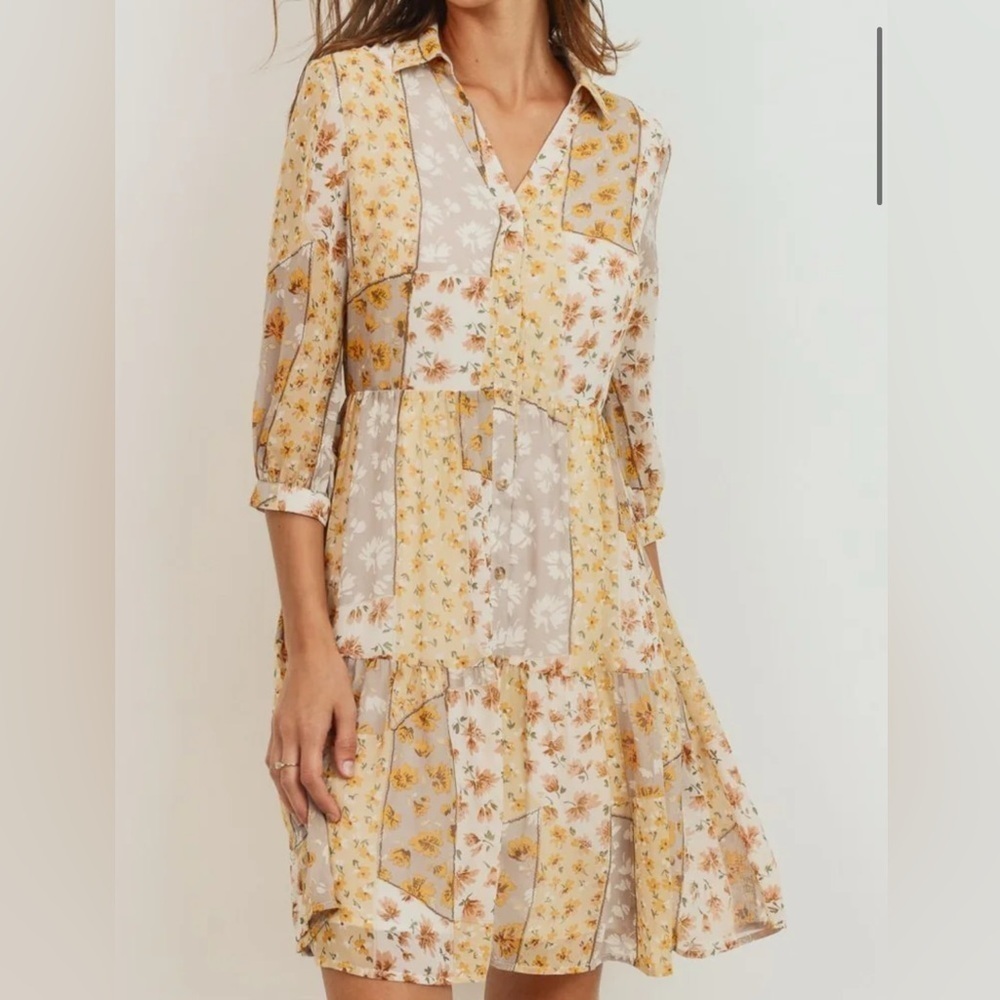 Paper Crane Yellow and Cream Tiered Ruffled Midi Dress women size S
